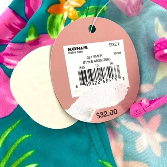 SO V Neck Halter Top Tankini Swimsuit Juniors Sz L Floral Pink Green Tropical - Picture 9 of 16